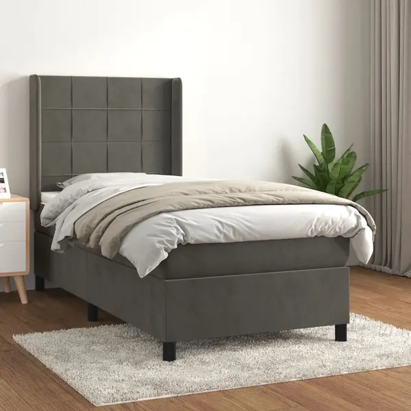 Gossi pat box spring cu saltea, gri inchis, 80x200 cm, catifea
