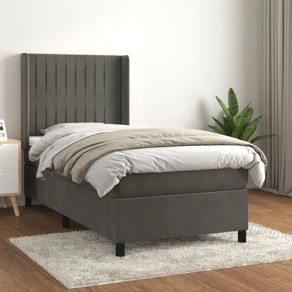 Gossi pat box spring cu saltea, gri inchis, 80x200 cm, catifea