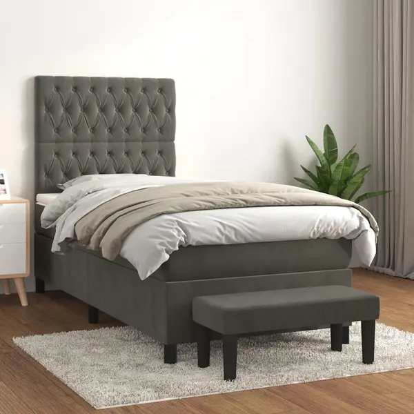 Gossi pat box spring cu saltea, gri inchis, 90x190 cm, catifea