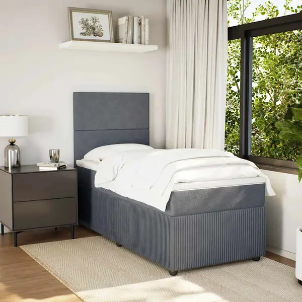 Gossi pat box spring cu saltea, gri inchis, 90x190 cm, catifea
