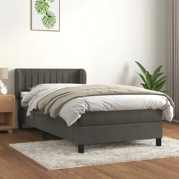 Gossi pat box spring cu saltea, gri inchis, 90x190 cm, catifea