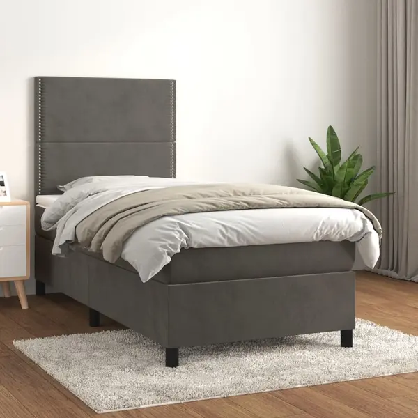 Gossi pat box spring cu saltea, gri inchis, 90x190 cm, catifea