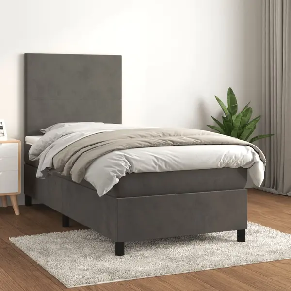 Gossi pat box spring cu saltea, gri inchis, 90x190 cm, catifea