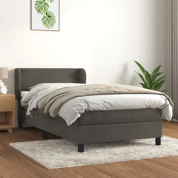 Gossi pat box spring cu saltea, gri inchis, 90x190 cm, catifea