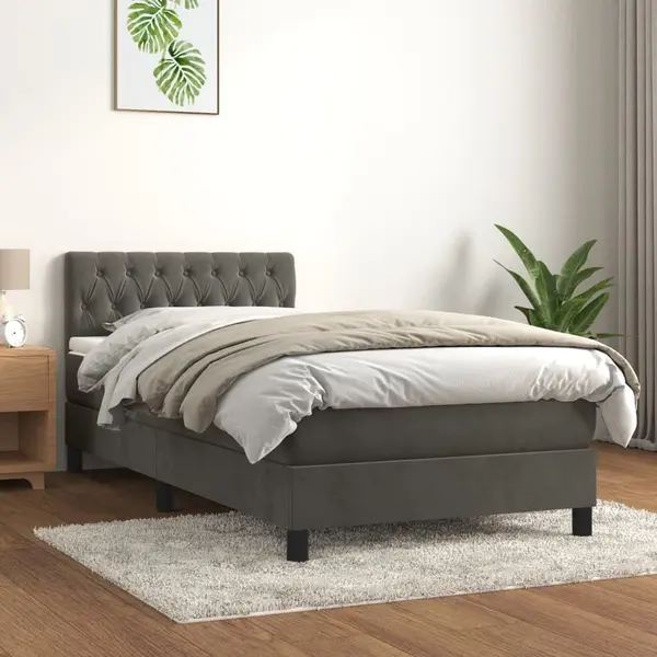Gossi pat box spring cu saltea, gri inchis, 90x190 cm, catifea