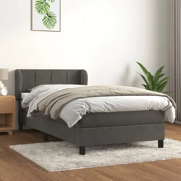 Gossi pat box spring cu saltea, gri inchis, 90x190 cm, catifea