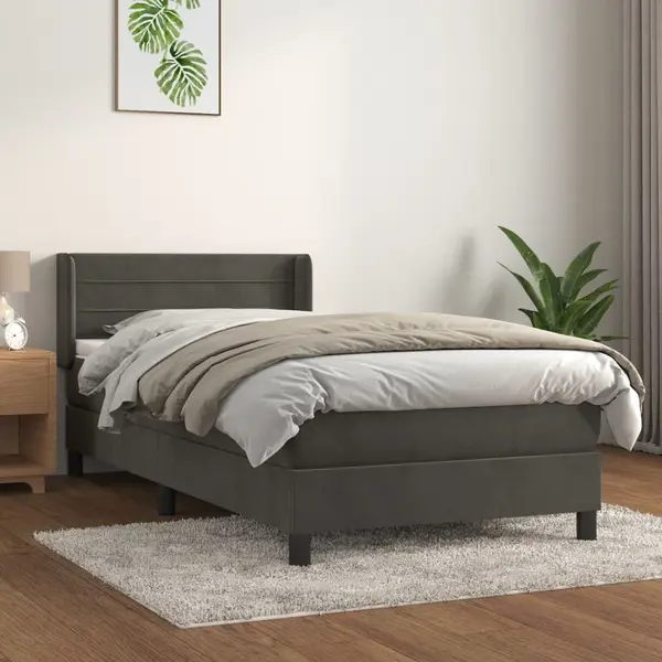 Gossi pat box spring cu saltea, gri inchis, 90x200 cm, catifea