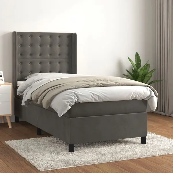 Gossi pat box spring cu saltea, gri inchis, 90x200 cm, catifea