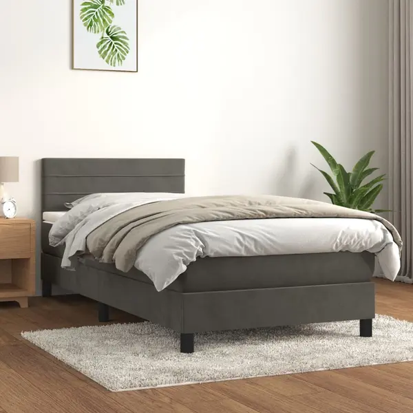 Gossi pat box spring cu saltea, gri inchis, 90x200 cm, catifea