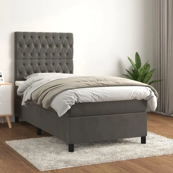 Gossi pat box spring cu saltea, gri inchis, 90x200 cm, catifea