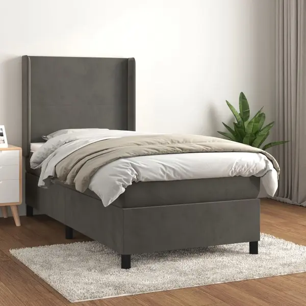 Gossi pat box spring cu saltea, gri inchis, 90x200 cm, catifea