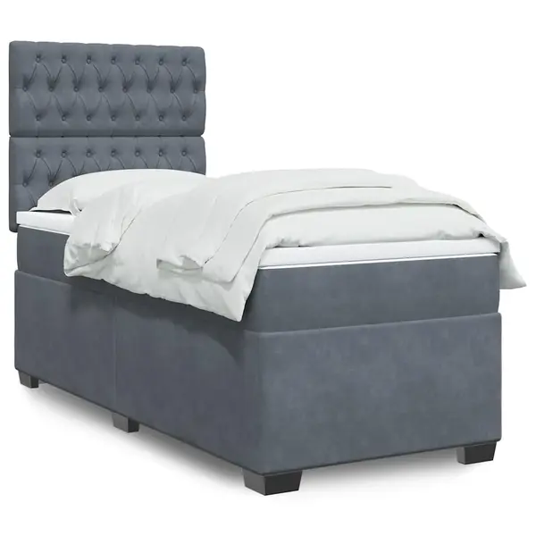 Gossi pat box spring cu saltea, gri inchis, 90x200 cm, catifea