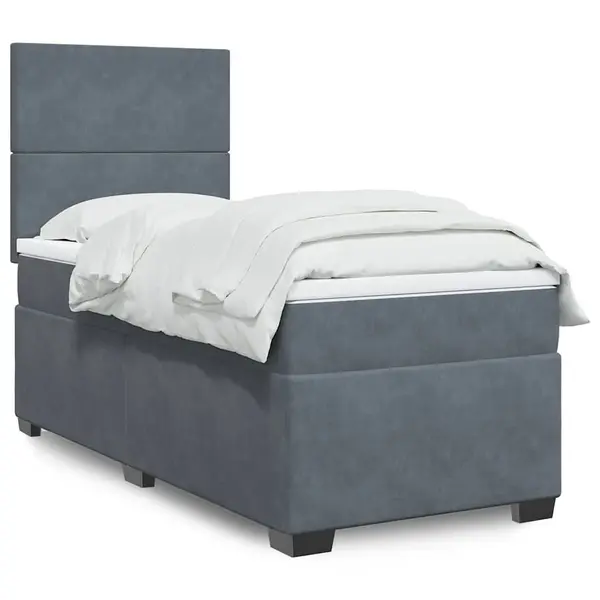 Gossi pat box spring cu saltea, gri inchis, 90x200 cm, catifea