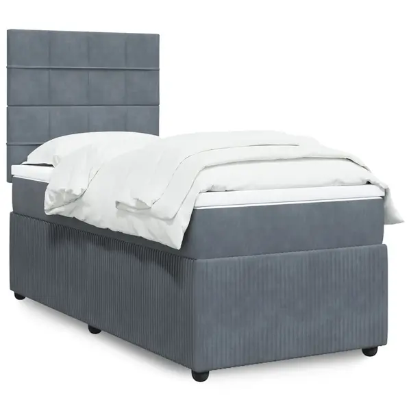 Gossi pat box spring cu saltea, gri inchis, 90x200 cm, catifea