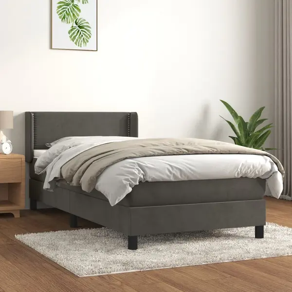 Gossi pat box spring cu saltea, gri inchis, 90x200 cm, catifea