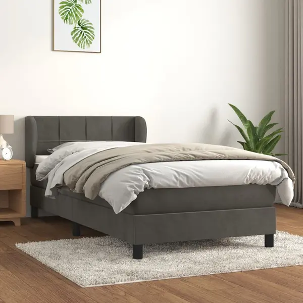 Gossi pat box spring cu saltea, gri inchis, 90x200 cm, catifea