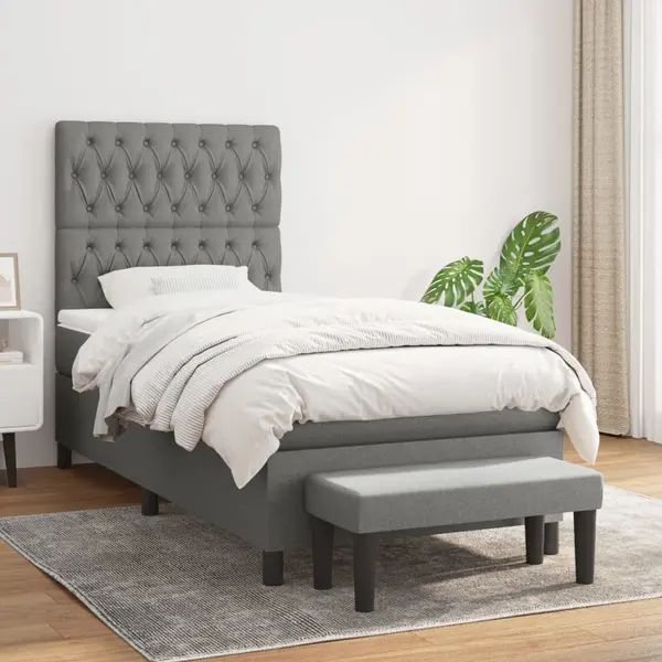 Gossi pat box spring cu saltea, gri inchis, 90x200 cm, textil