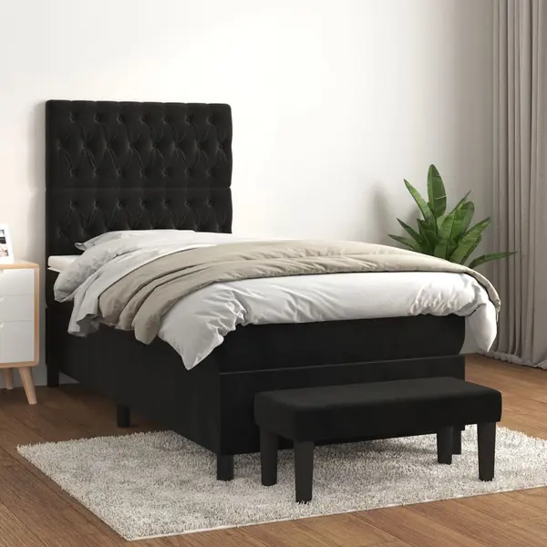 Gossi pat box spring cu saltea, negru, 100x200 cm, catifea
