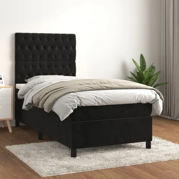 Gossi pat box spring cu saltea, negru, 100x200 cm, catifea