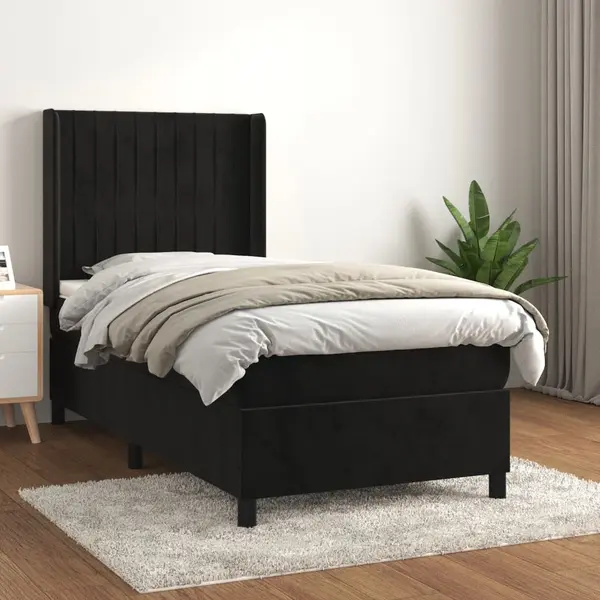 Gossi pat box spring cu saltea, negru, 100x200 cm, catifea