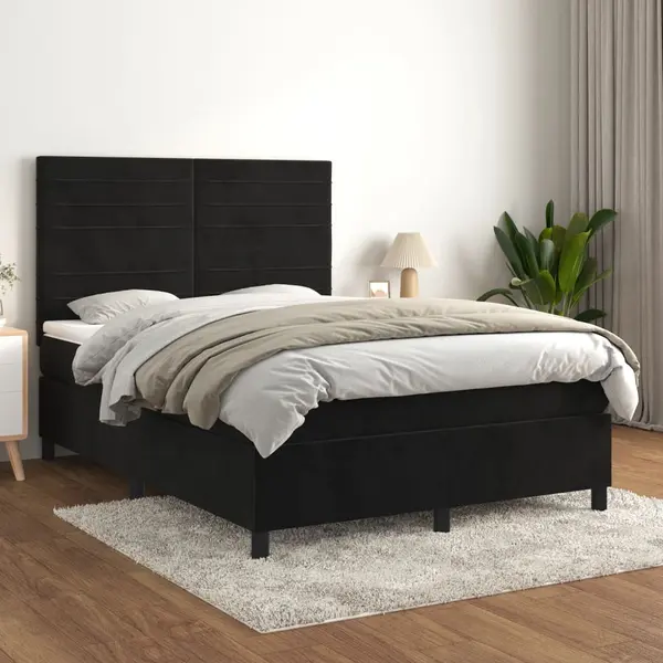 Gossi pat box spring cu saltea, negru, 140x200 cm, catifea