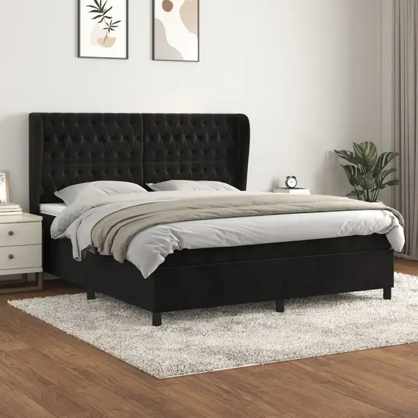 Gossi pat box spring cu saltea, negru, 160x200 cm, catifea