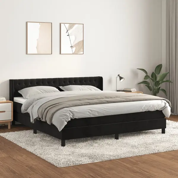 Gossi pat box spring cu saltea, negru, 160x200 cm, catifea