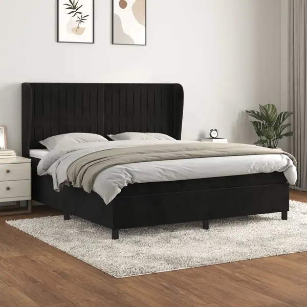 Gossi pat box spring cu saltea, negru, 160x200 cm, catifea