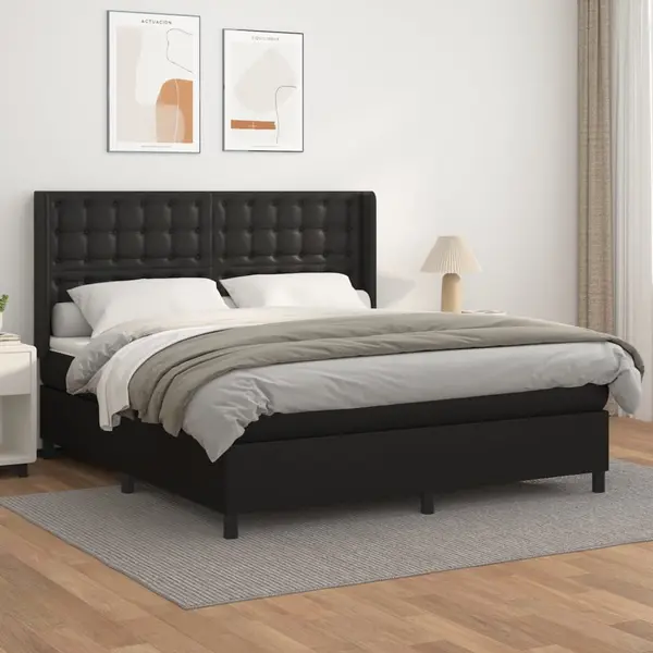 Gossi pat box spring cu saltea, negru, 160x200 cm, piele ecologica