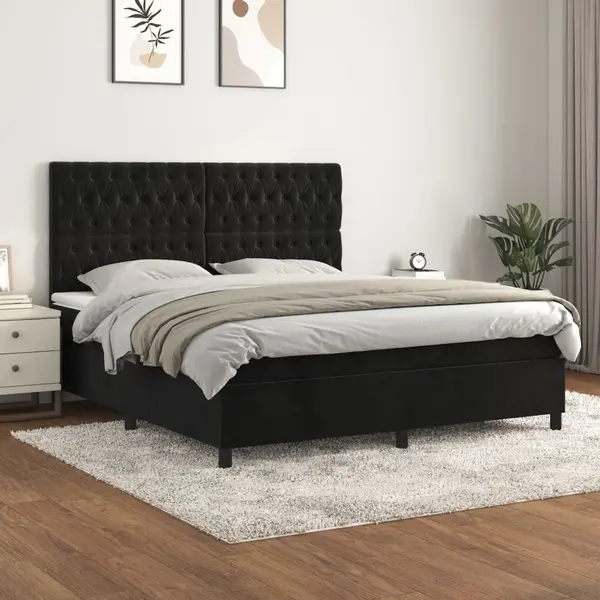 Gossi pat box spring cu saltea, negru, 180x200 cm, catifea
