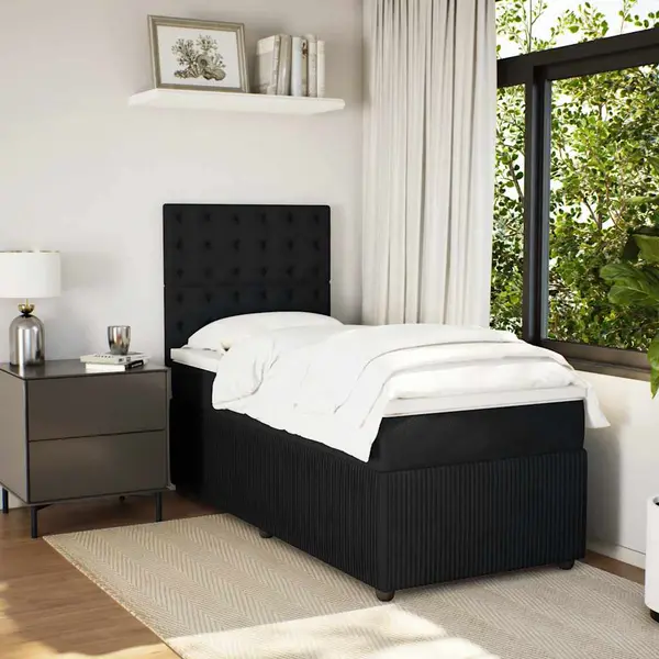 Gossi pat box spring cu saltea, negru, 80x200 cm, catifea