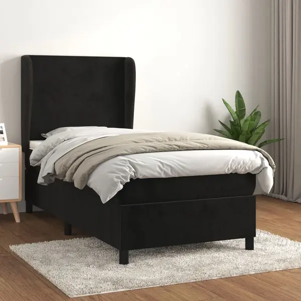 Gossi pat box spring cu saltea, negru, 80x200 cm, catifea