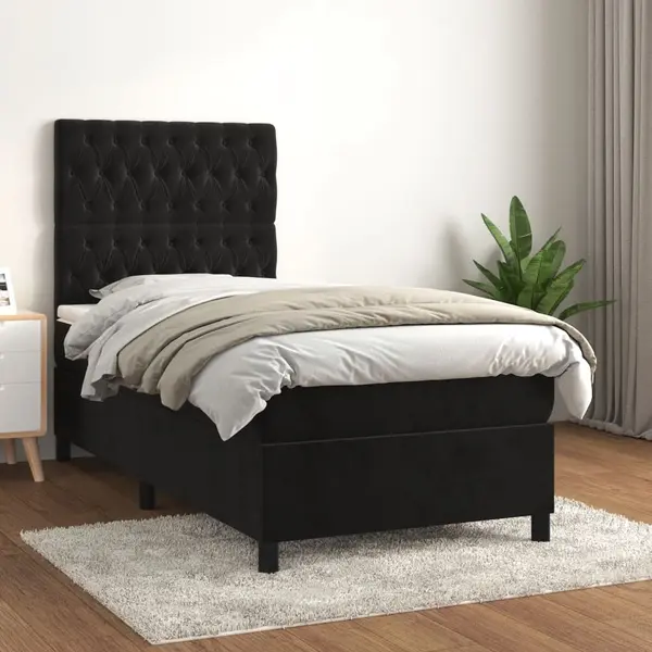 Gossi pat box spring cu saltea, negru, 90x190 cm, catifea