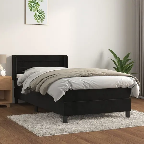 Gossi pat box spring cu saltea, negru, 90x190 cm, catifea