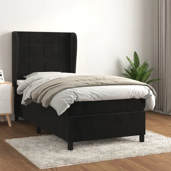 Gossi pat box spring cu saltea, negru, 90x190 cm, catifea