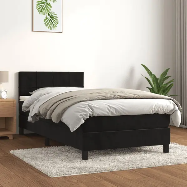 Gossi pat box spring cu saltea, negru, 90x190 cm, catifea