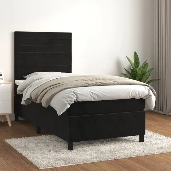 Gossi pat box spring cu saltea, negru, 90x190 cm, catifea