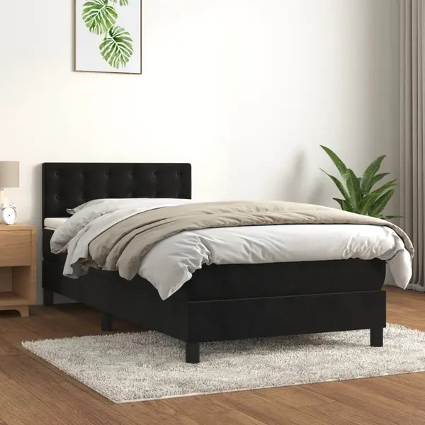 Gossi pat box spring cu saltea, negru, 90x190 cm, catifea