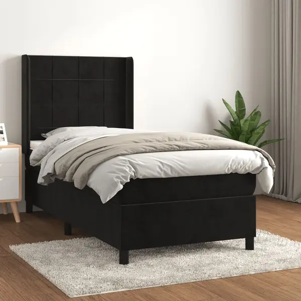 Gossi pat box spring cu saltea, negru, 90x200 cm, catifea