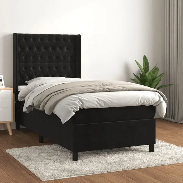 Gossi pat box spring cu saltea, negru, 90x200 cm, catifea
