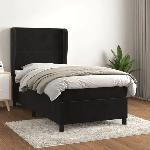 Gossi pat box spring cu saltea, negru, 90x200 cm, catifea
