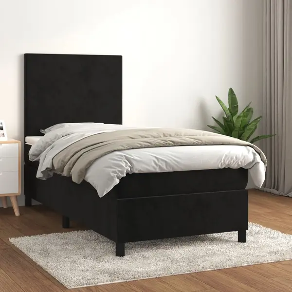 Gossi pat box spring cu saltea, negru, 90x200 cm, catifea