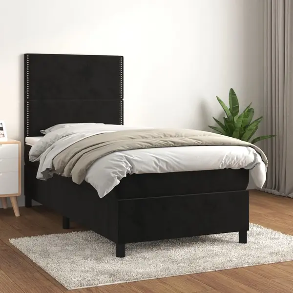 Gossi pat box spring cu saltea, negru, 90x200 cm, catifea