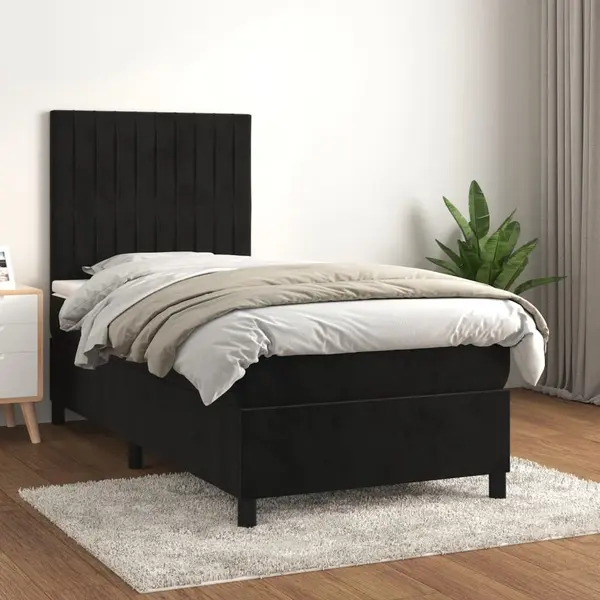 Gossi pat box spring cu saltea, negru, 90x200 cm, catifea