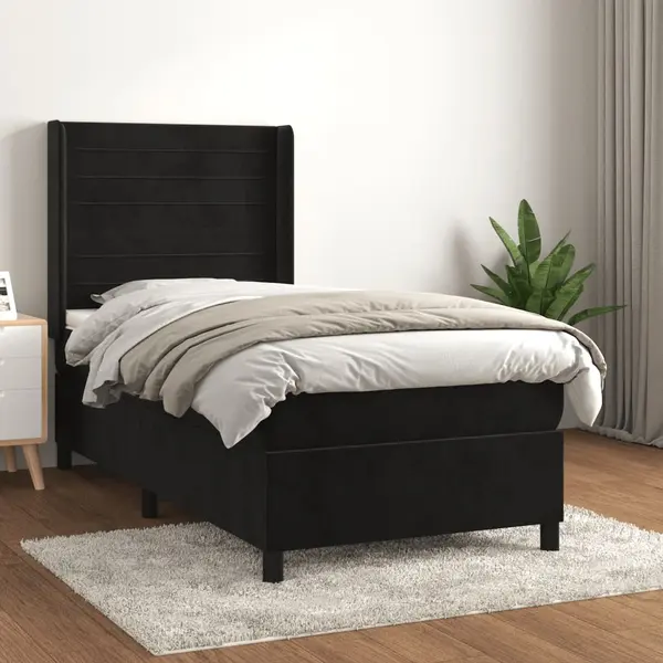 Gossi pat box spring cu saltea, negru, 90x200 cm, catifea