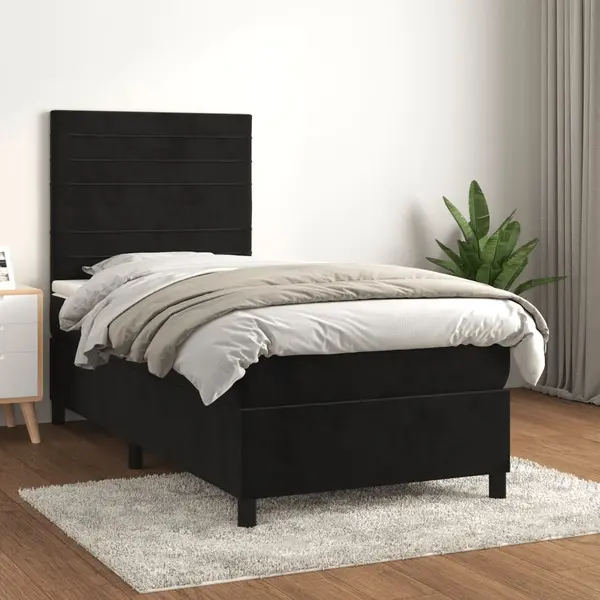 Gossi pat box spring cu saltea, negru, 90x200 cm, catifea