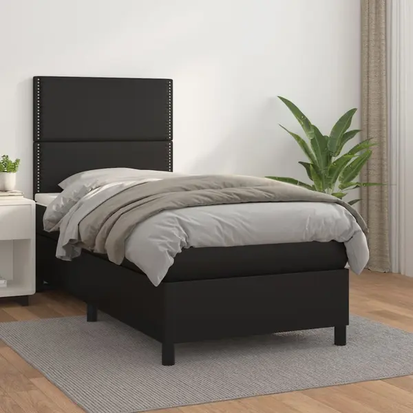 Gossi pat box spring cu saltea, negru, 90x200 cm, piele ecologica
