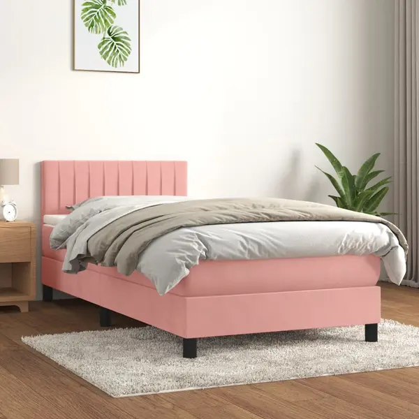 Gossi pat box spring cu saltea, roz, 100x200 cm, catifea