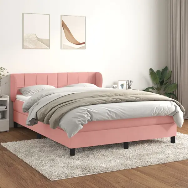 Gossi pat box spring cu saltea, roz, 140x190 cm, catifea
