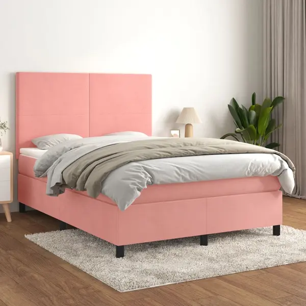 Gossi pat box spring cu saltea, roz, 140x190 cm, catifea